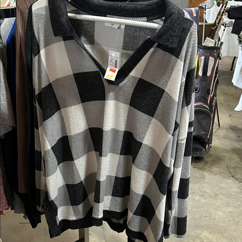Maurices Black and Cream Buffalo Plaid V-Neck Pullover